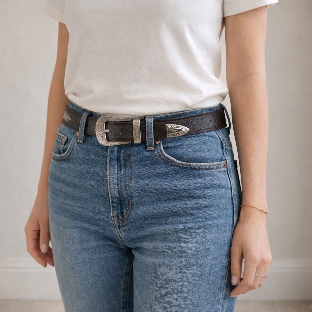 Dark Brown Western Embossed Leather Belt with Silver Buckle